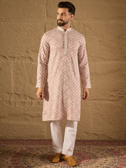 Ethnic Bay Men Pink Viscose Rayon Solid Embroidered Straight Kurta-MKU1236