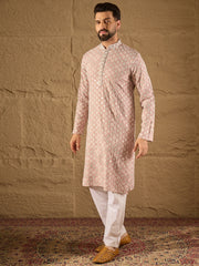 Ethnic Bay Men Pink Viscose Rayon Solid Embroidered Straight Kurta-MKU1236