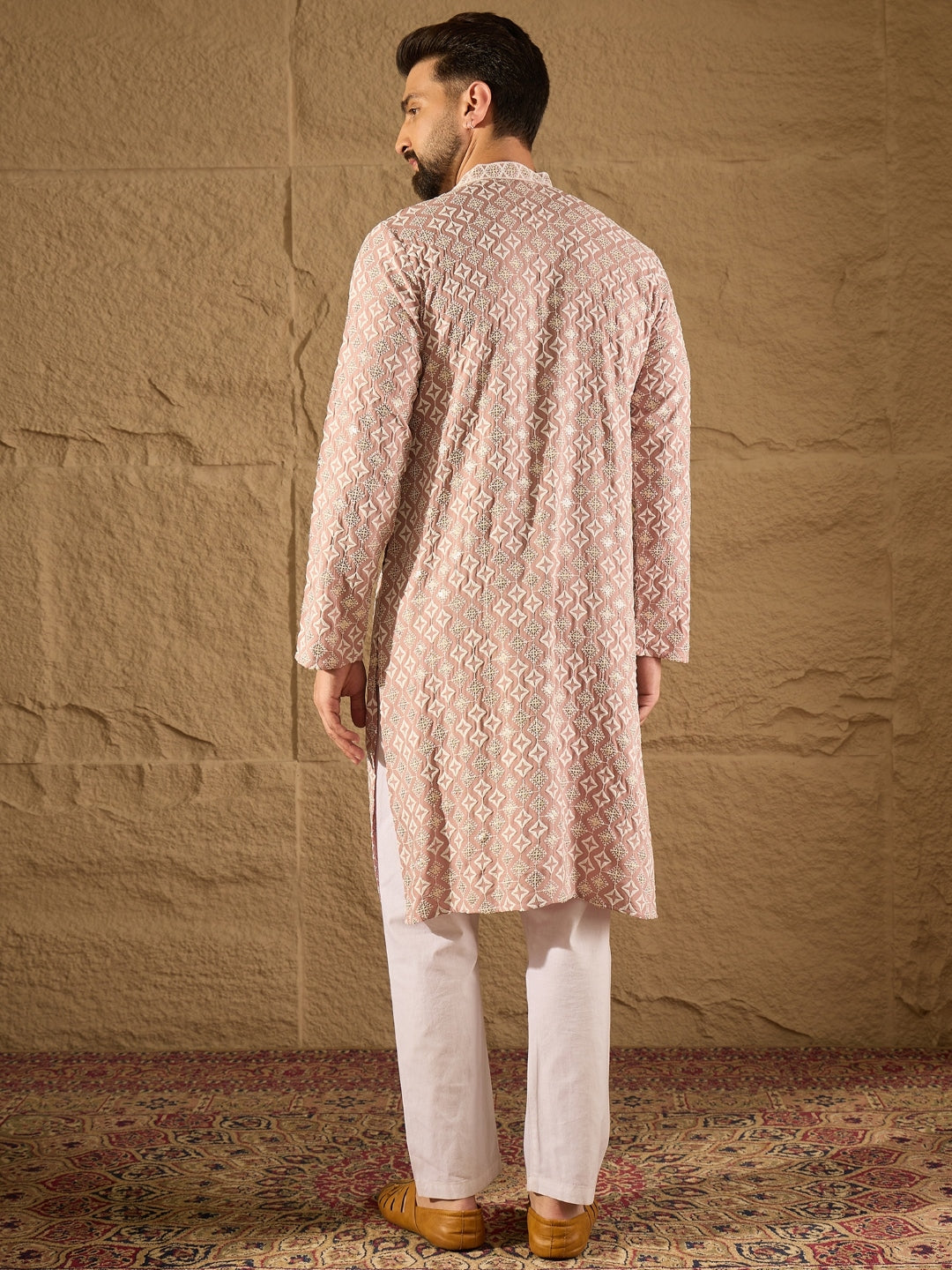 Ethnic Bay Men Pink Viscose Rayon Solid Embroidered Straight Kurta-MKU1236