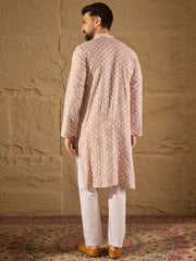 Ethnic Bay Men Pink Viscose Rayon Solid Embroidered Straight Kurta-MKU1236