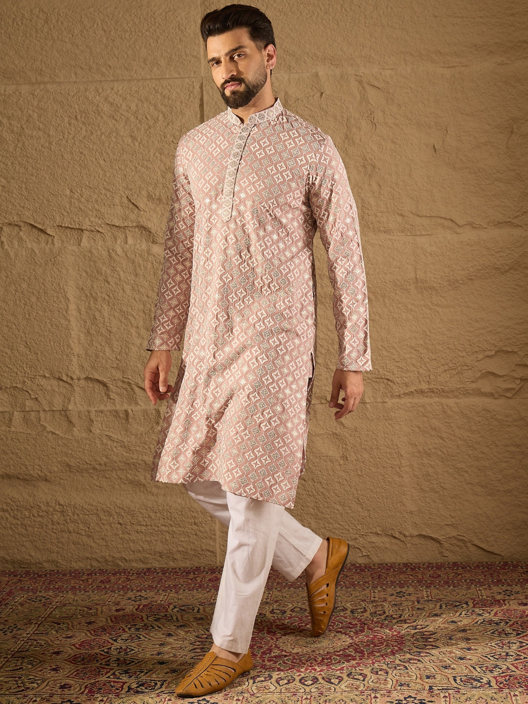 Ethnic Bay Men Pink Viscose Rayon Solid Embroidered Straight Kurta-MKU1236