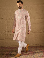 Ethnic Bay Men Pink Viscose Rayon Solid Embroidered Straight Kurta-MKU1236