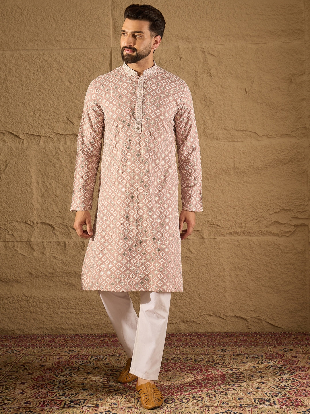 Ethnic Bay Men Pink Viscose Rayon Solid Embroidered Straight Kurta-MKU1236