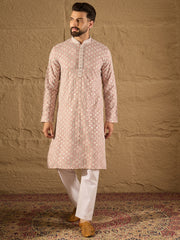 Ethnic Bay Men Pink Viscose Rayon Solid Embroidered Straight Kurta-MKU1236