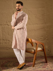 Ethnic Bay Men Pink Viscose Rayon Solid Embroidered Straight Kurta-MKU1236