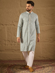 Ethnic Bay Men Blue Viscose Rayon Solid Embroidered Straight Kurta-MKU1237