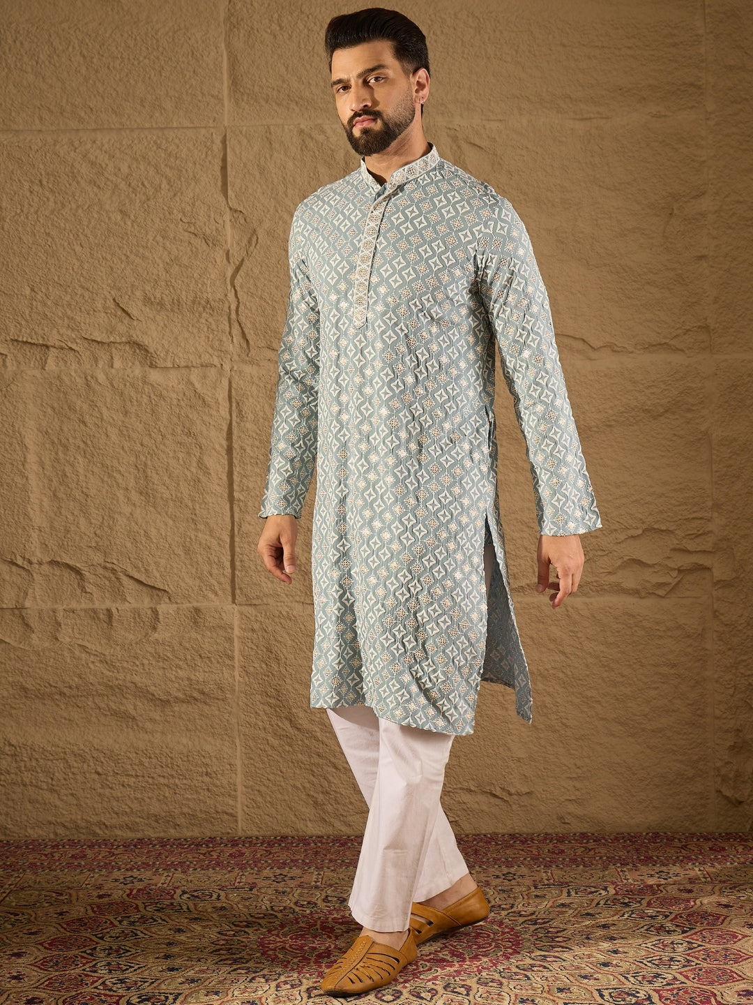 Ethnic Bay Men Blue Viscose Rayon Solid Embroidered Straight Kurta-MKU1237