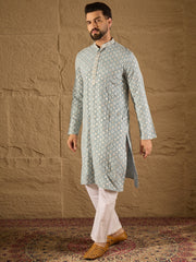 Ethnic Bay Men Blue Viscose Rayon Solid Embroidered Straight Kurta-MKU1237