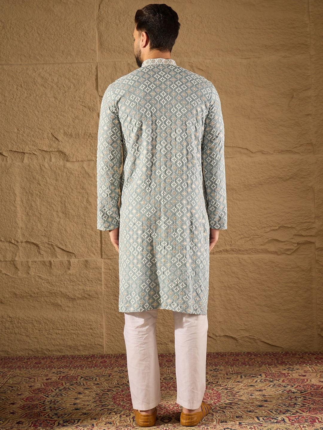 Ethnic Bay Men Blue Viscose Rayon Solid Embroidered Straight Kurta-MKU1237