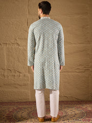Ethnic Bay Men Blue Viscose Rayon Solid Embroidered Straight Kurta-MKU1237