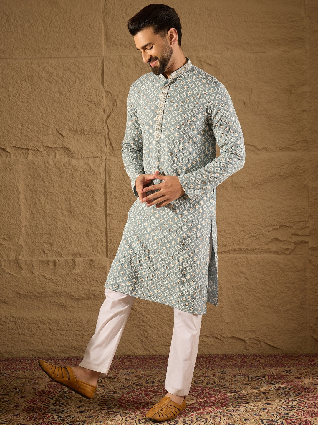 Ethnic Bay Men Blue Viscose Rayon Solid Embroidered Straight Kurta-MKU1237