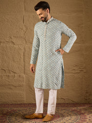 Ethnic Bay Men Blue Viscose Rayon Solid Embroidered Straight Kurta-MKU1237