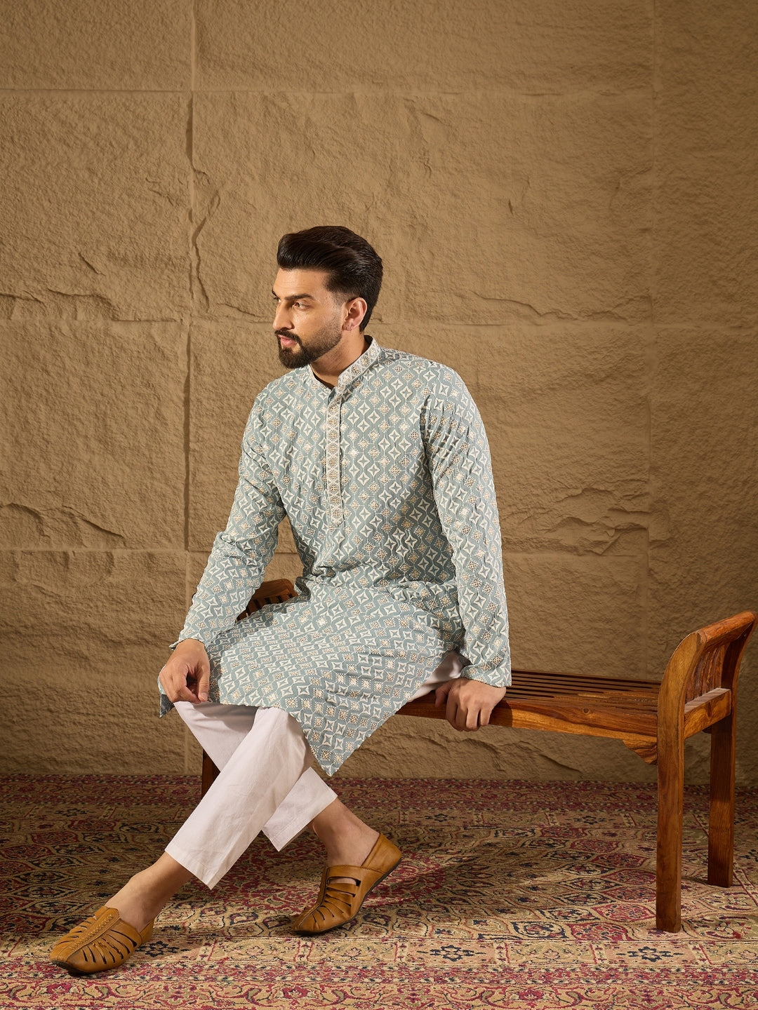 Ethnic Bay Men Blue Viscose Rayon Solid Embroidered Straight Kurta-MKU1237