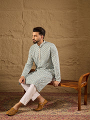 Ethnic Bay Men Blue Viscose Rayon Solid Embroidered Straight Kurta-MKU1237