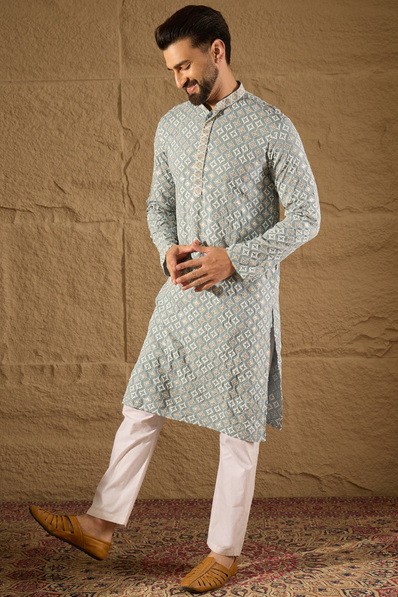 Blue Viscose Rayon Solid Embroidered Straight Kurta HOPMKU1237 | DesiQ