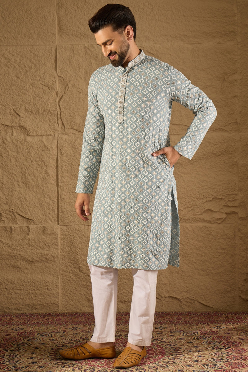 Blue Viscose Rayon Solid Embroidered Straight Kurta HOPMKU1237 | DesiQ