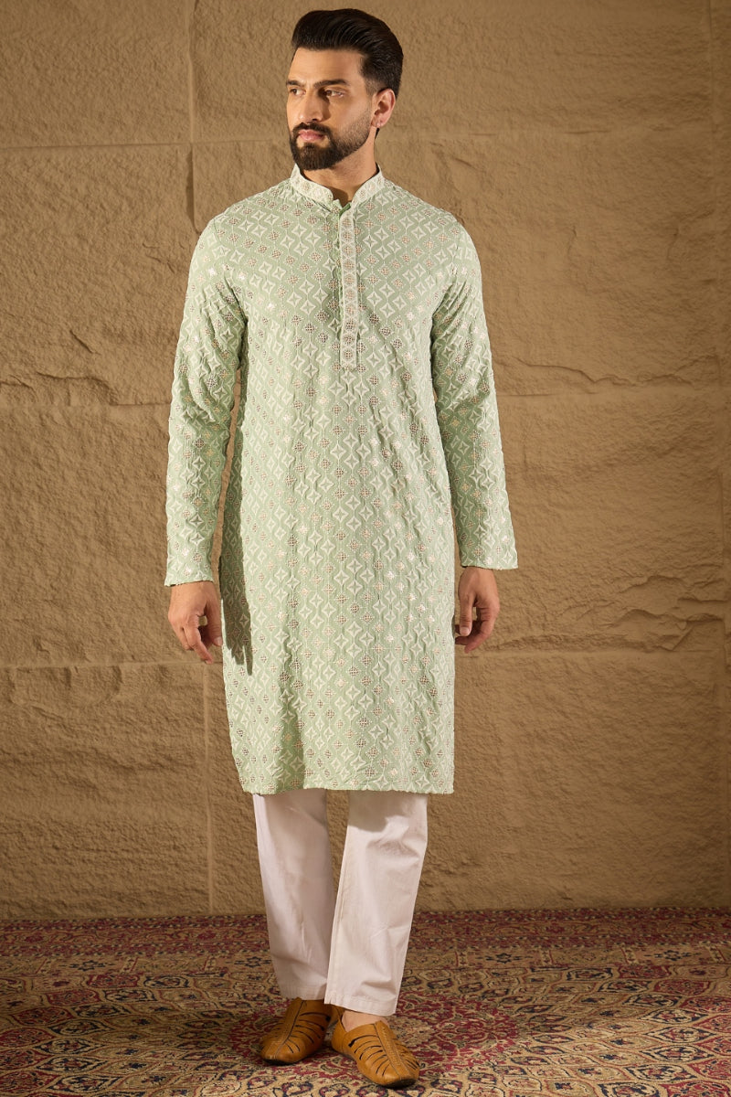 Green Viscose Rayon Solid Embroidered Straight Kurta HOPMKU1238 | Desi
