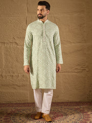 Ethnic Bay Men Green Viscose Rayon Solid Embroidered Straight Kurta-MKU1238