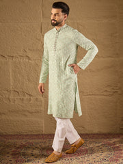 Ethnic Bay Men Green Viscose Rayon Solid Embroidered Straight Kurta-MKU1238