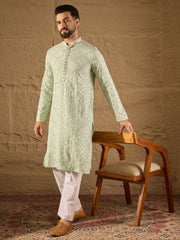Ethnic Bay Men Green Viscose Rayon Solid Embroidered Straight Kurta-MKU1238