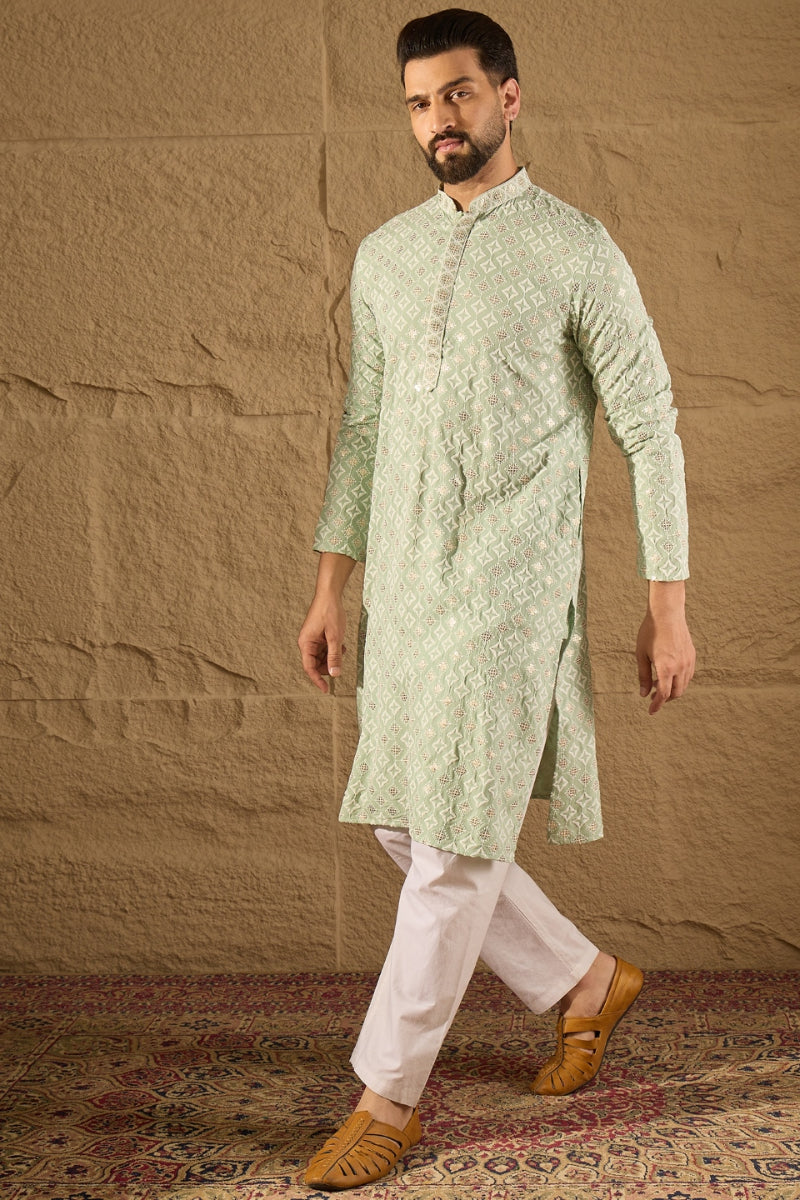 Green Viscose Rayon Solid Embroidered Straight Kurta HOPMKU1238 | Desi