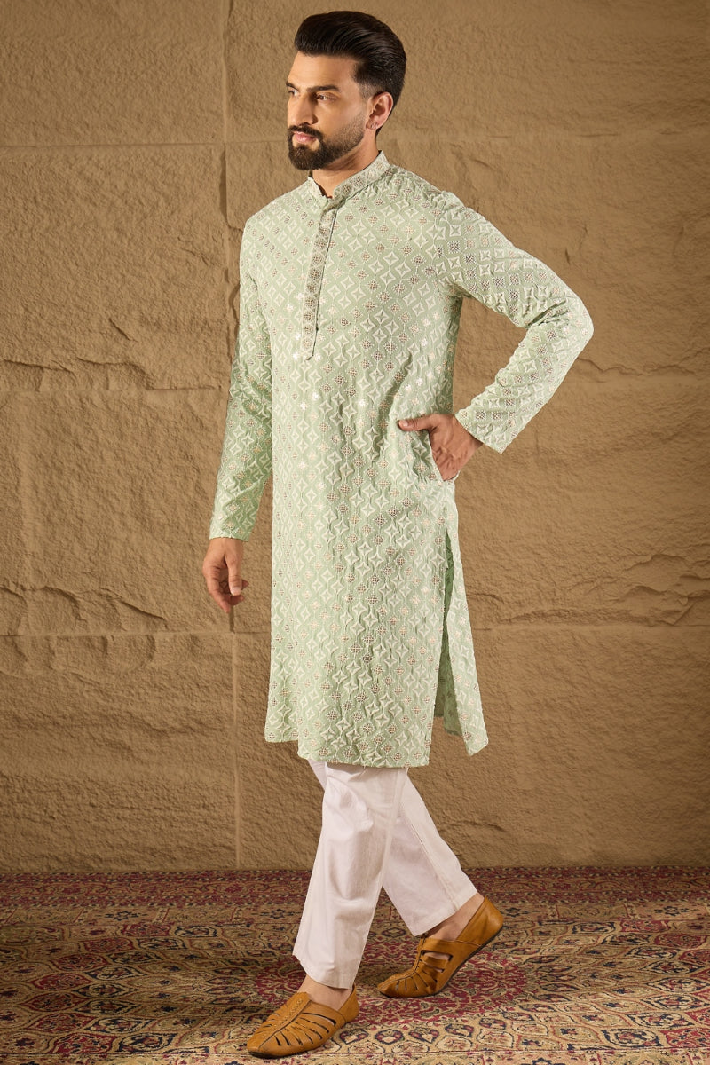 Green Viscose Rayon Solid Embroidered Straight Kurta HOPMKU1238 | Desi