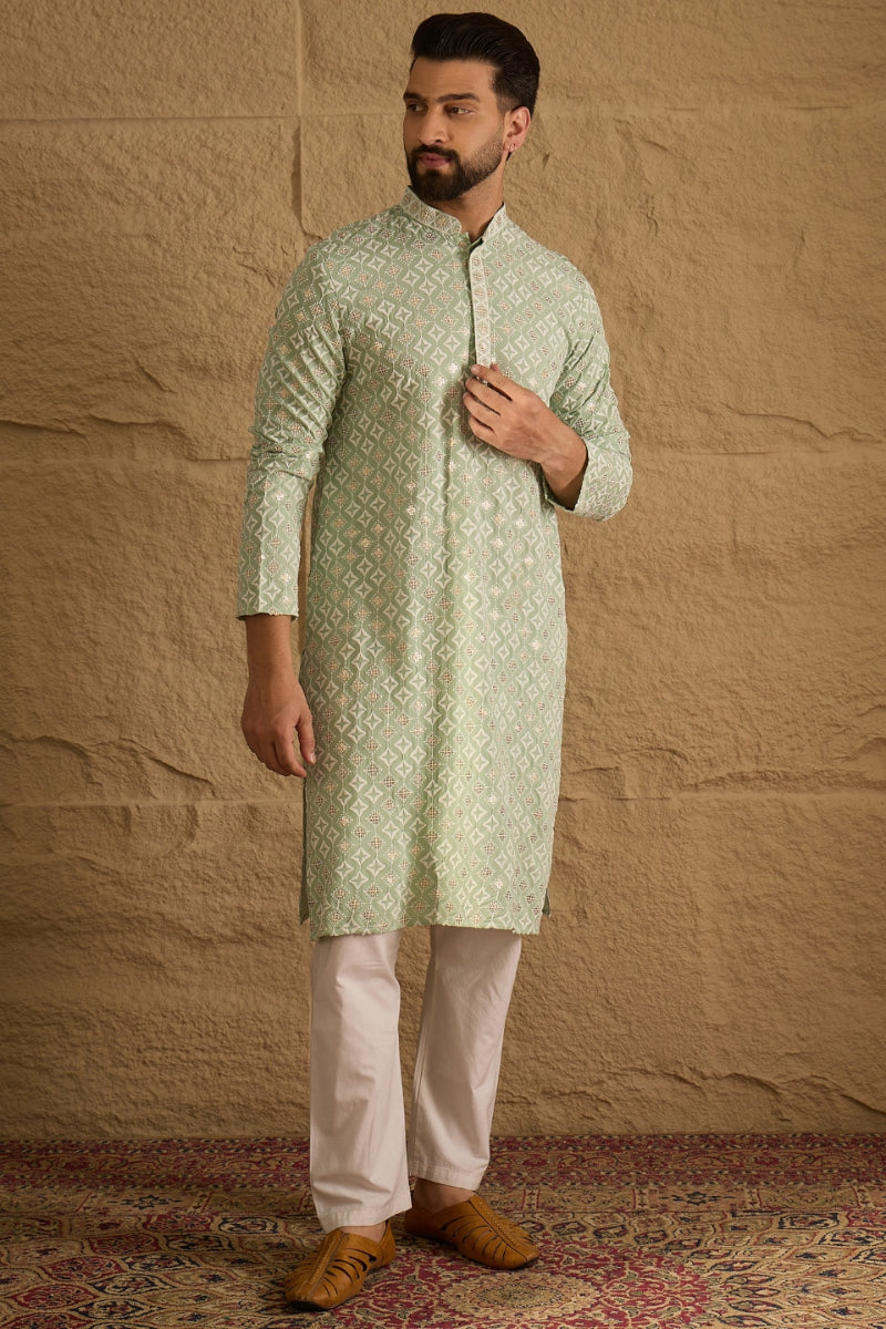 Green Viscose Rayon Solid Embroidered Straight Kurta HOPMKU1238 | Desi