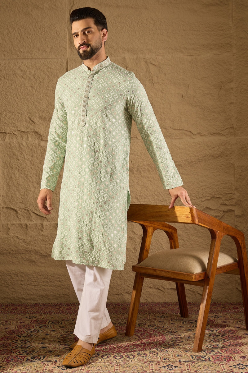 Green Viscose Rayon Solid Embroidered Straight Kurta HOPMKU1238 | Desi