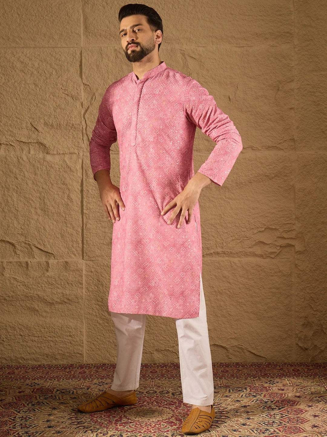 Ethnic Bay Men Pink Viscose Rayon Bandhani Embroidered Straight Kurta-MKU1245