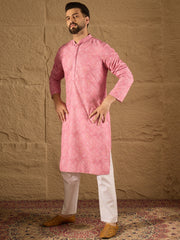 Ethnic Bay Men Pink Viscose Rayon Bandhani Embroidered Straight Kurta-MKU1245