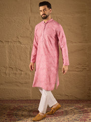 Ethnic Bay Men Pink Viscose Rayon Bandhani Embroidered Straight Kurta-MKU1245