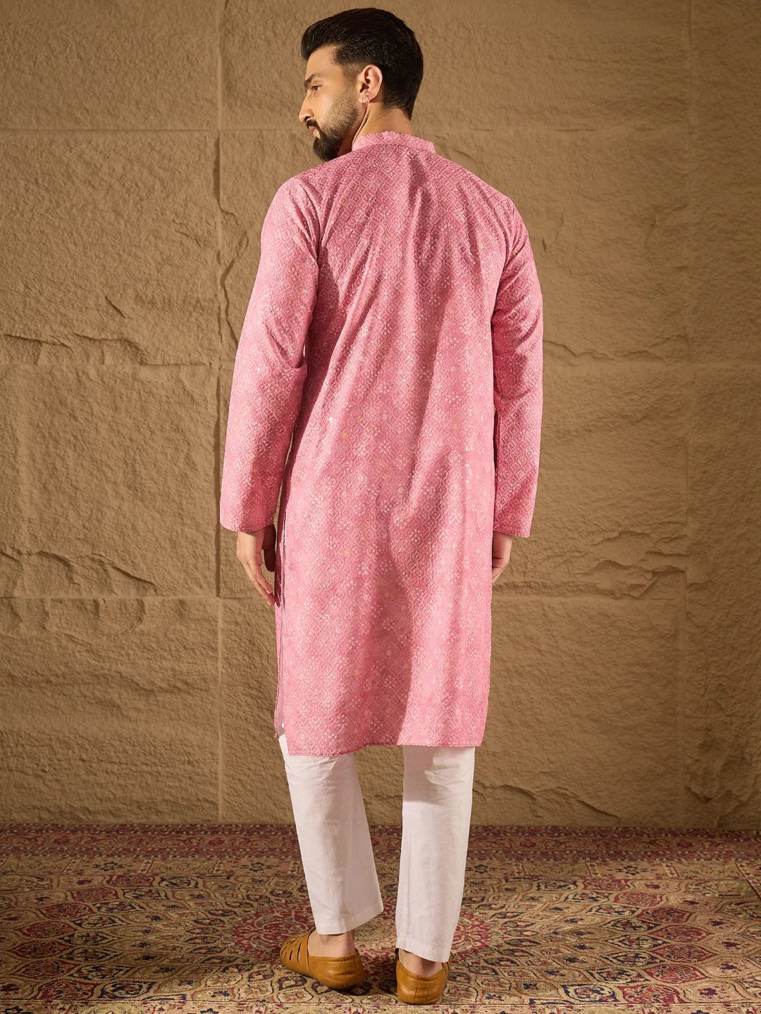 Ethnic Bay Men Pink Viscose Rayon Bandhani Embroidered Straight Kurta-MKU1245