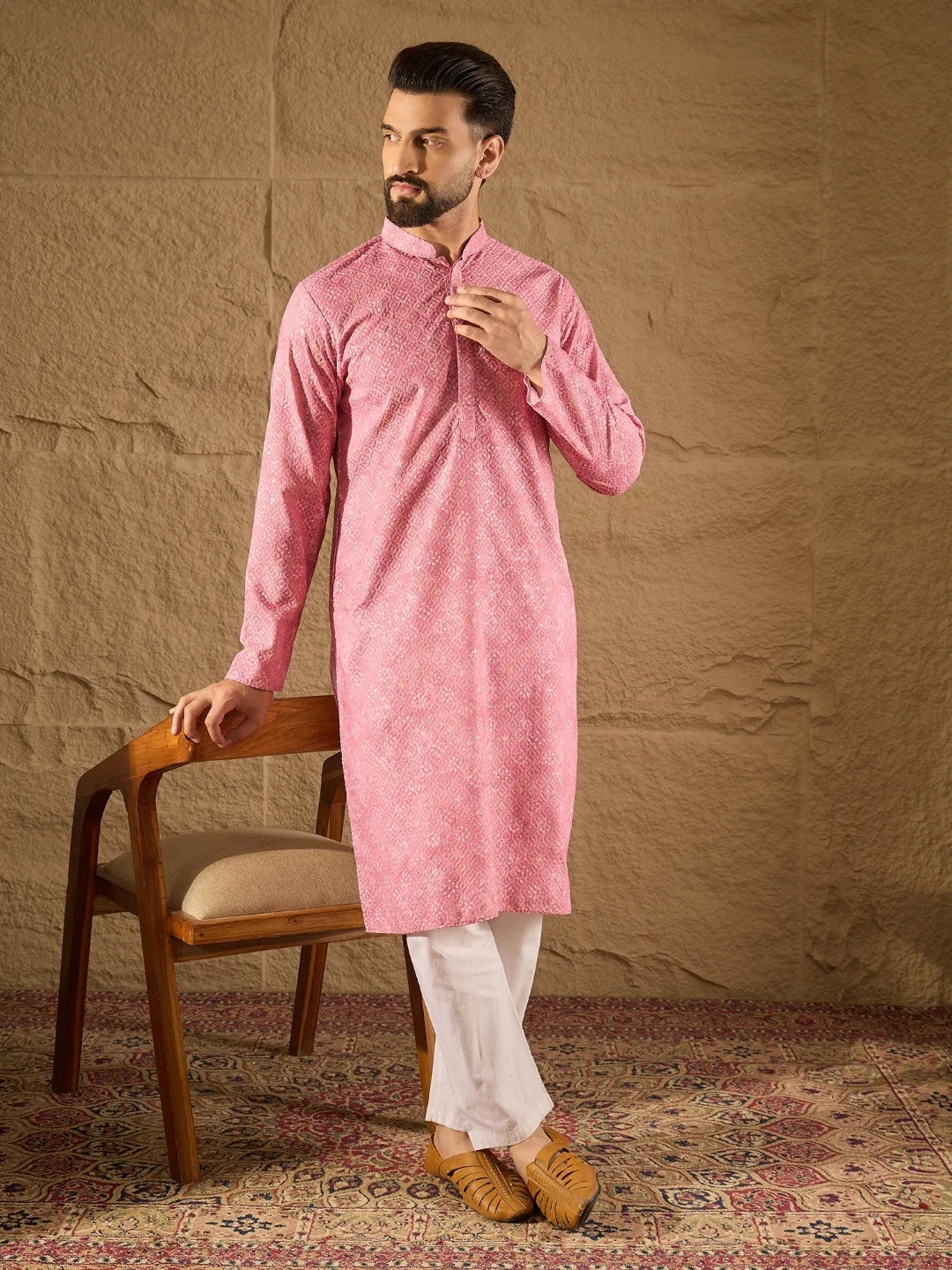 Ethnic Bay Men Pink Viscose Rayon Bandhani Embroidered Straight Kurta-MKU1245