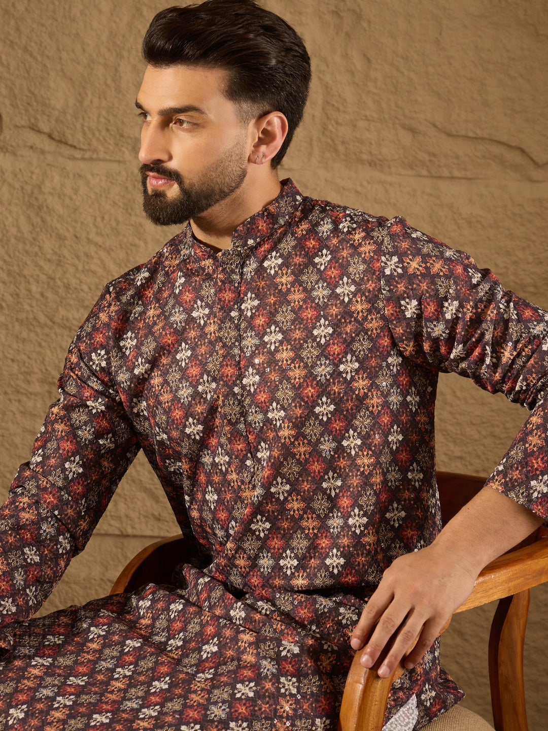 Ethnic Bay Men Brown Viscose Rayon Ethnic Motifs Embroidered Straight Kurta-MKU1248