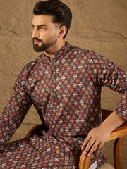 Ethnic Bay Men Brown Viscose Rayon Ethnic Motifs Embroidered Straight Kurta-MKU1248