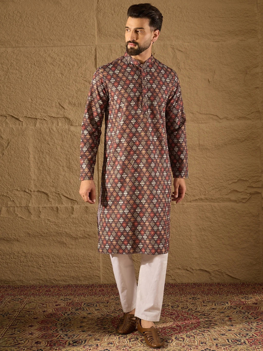 Ethnic Bay Men Brown Viscose Rayon Ethnic Motifs Embroidered Straight Kurta-MKU1248