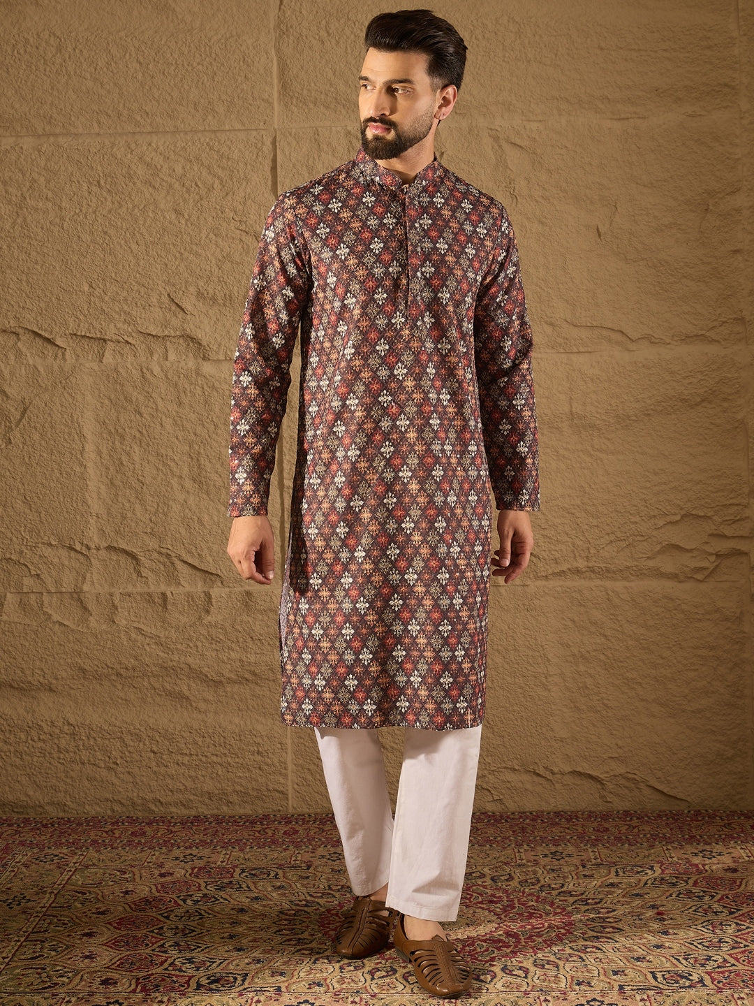 Ethnic Bay Men Brown Viscose Rayon Ethnic Motifs Embroidered Straight Kurta-MKU1248