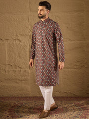 Ethnic Bay Men Brown Viscose Rayon Ethnic Motifs Embroidered Straight Kurta-MKU1248
