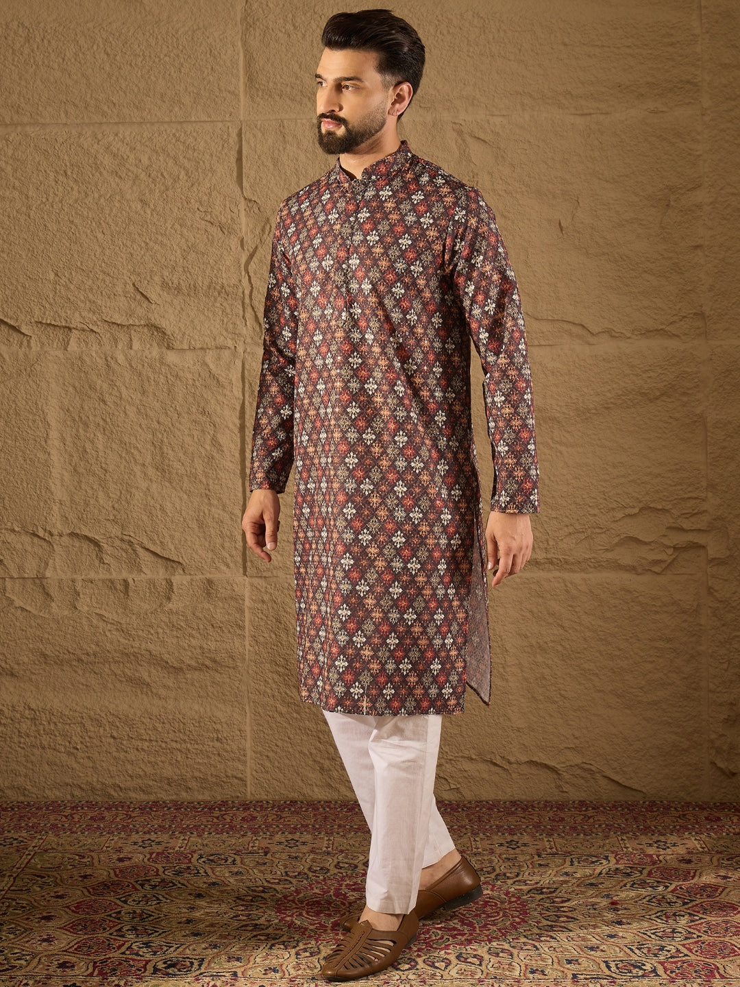 Ethnic Bay Men Brown Viscose Rayon Ethnic Motifs Embroidered Straight Kurta-MKU1248