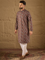 Ethnic Bay Men Brown Viscose Rayon Ethnic Motifs Embroidered Straight Kurta-MKU1248