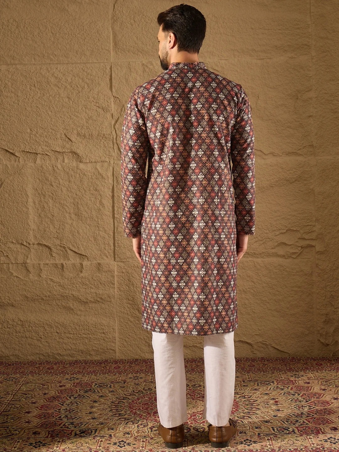 Ethnic Bay Men Brown Viscose Rayon Ethnic Motifs Embroidered Straight Kurta-MKU1248