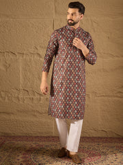 Ethnic Bay Men Brown Viscose Rayon Ethnic Motifs Embroidered Straight Kurta-MKU1248