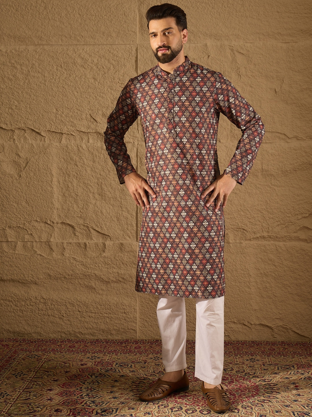 Ethnic Bay Men Brown Viscose Rayon Ethnic Motifs Embroidered Straight Kurta-MKU1248
