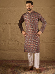 Ethnic Bay Men Brown Viscose Rayon Ethnic Motifs Embroidered Straight Kurta-MKU1248