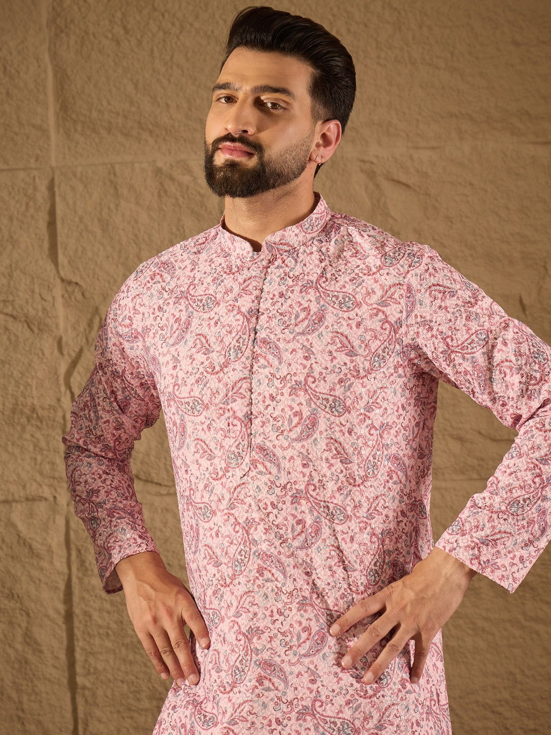 Ethnic Bay Men Pink Viscose Rayon Ethnic Motifs Embroidered Straight Kurta-MKU1249