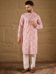 Ethnic Bay Men Pink Viscose Rayon Ethnic Motifs Embroidered Straight Kurta-MKU1249
