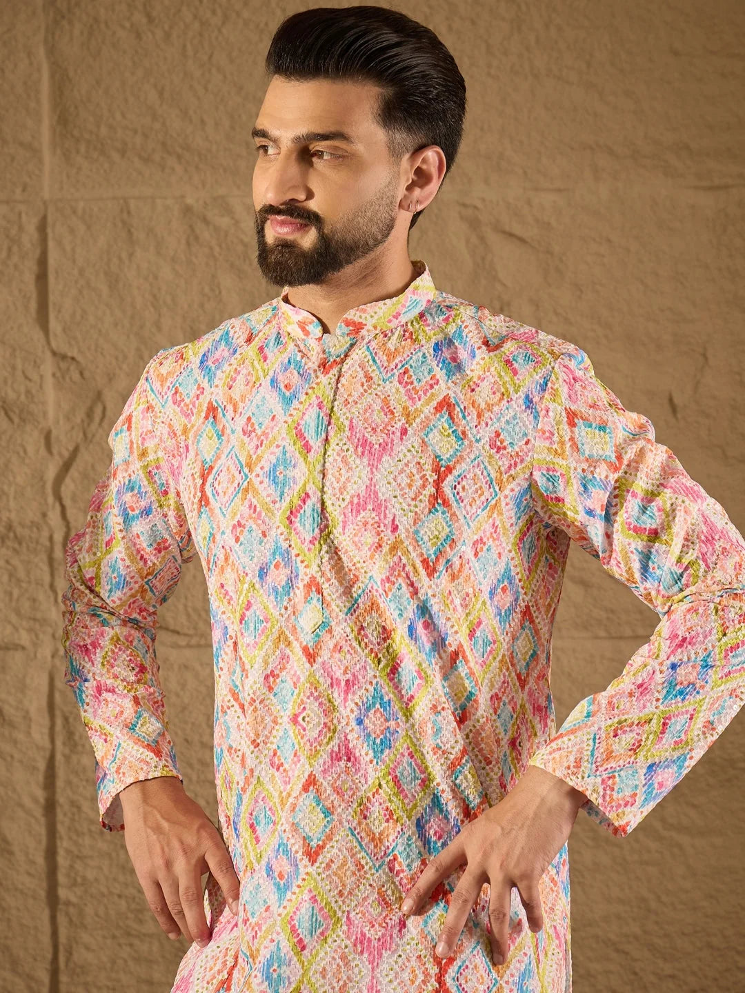 Ethnic Bay Men Multi Viscose Rayon Abstract Embroidered Straight Kurta-MKU1251
