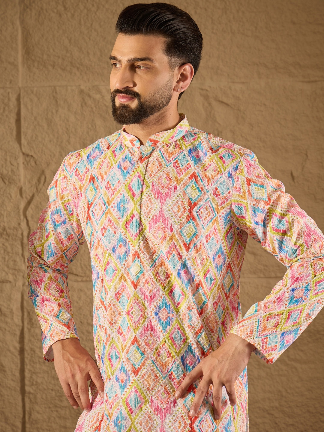 Ethnic Bay Men Multi Viscose Rayon Abstract Embroidered Straight Kurta-MKU1251