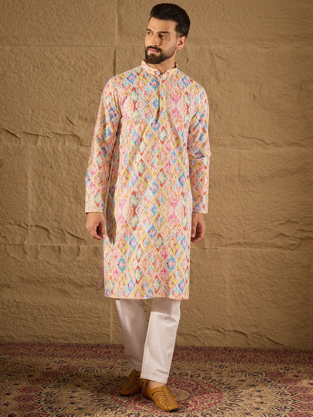 Ethnic Bay Men Multi Viscose Rayon Abstract Embroidered Straight Kurta-MKU1251