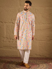 Ethnic Bay Men Multi Viscose Rayon Abstract Embroidered Straight Kurta-MKU1251